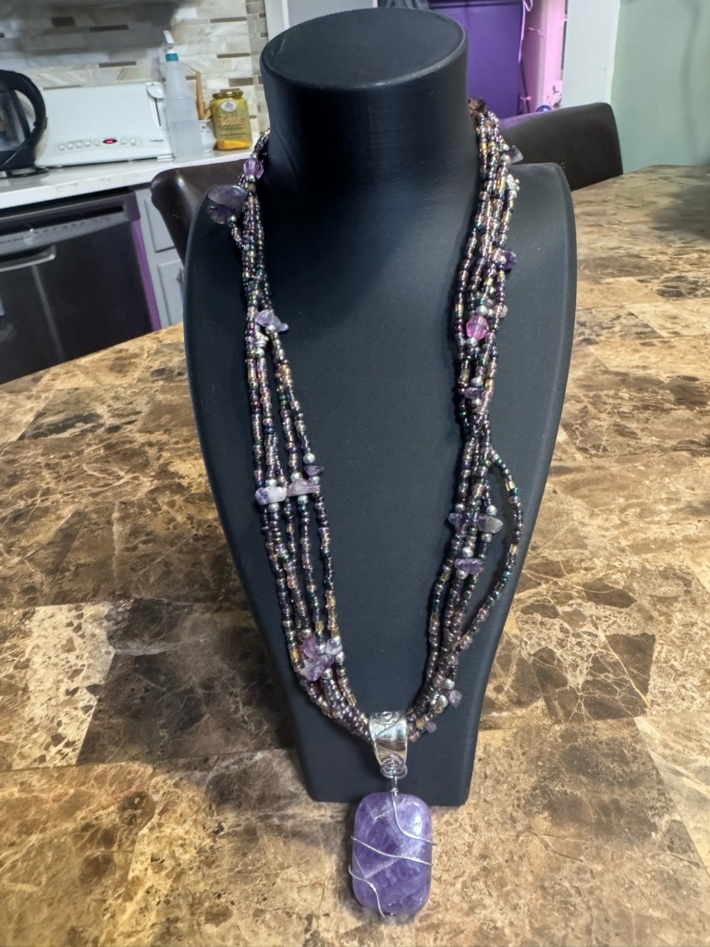 Handmade Amethyst Bead Multi-Strand Necklace with Purple Pendant